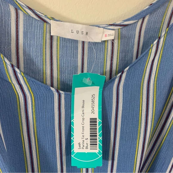 Lush Parina Tie Front Crop Top Tank Blouse Size Small Blue Striped - Picture 3 of 5